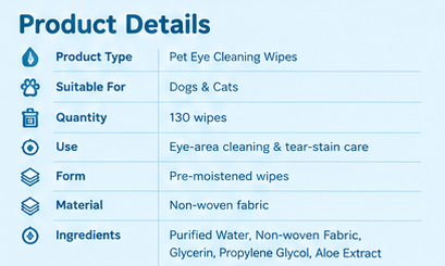 Petivo Pet Eye Wipes – 130 Pcs | Gentle Tear Stain & Eye Cleaning Wipes for Dogs & Cats