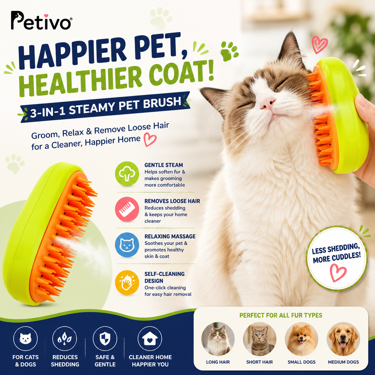 Self-Cleaning Steam Pet Brush | Removes Loose Hair & Reduces Shedding